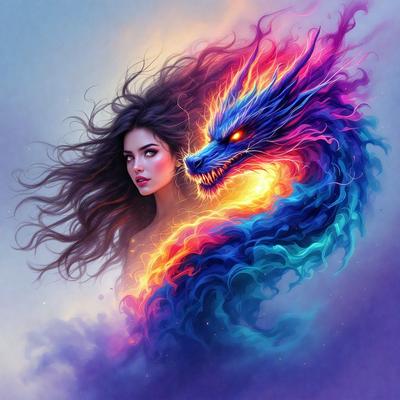 The primary subject of the image is a woman with long hair, who is positioned in front of a dragon. The dragon is depicted as a large, colorful, and vibrant creature, with its mouth open, creating a striking visual effect. The woman appears to be looking at the dragon, possibly intrigued or fascinated by its presence. The setting is a cloudy sky, which adds to the overall atmosphere of the image. The visual style is a combination of digital art and illustration, creating a